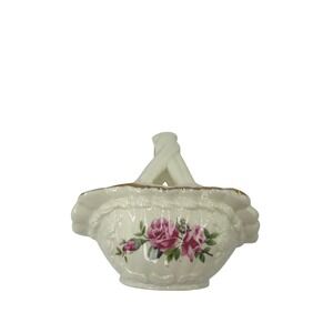 Gift Collection Jade‎ Porcelain Rose Floral Basket Trinket Dish Gold Trim Cream